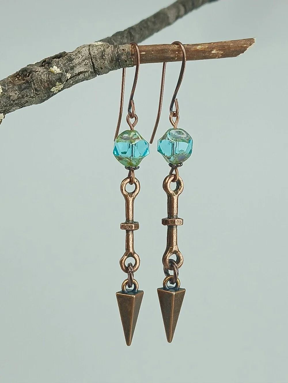 Aqua Czech Glass Spike Earrings Antiqued Copper Hand Crafted